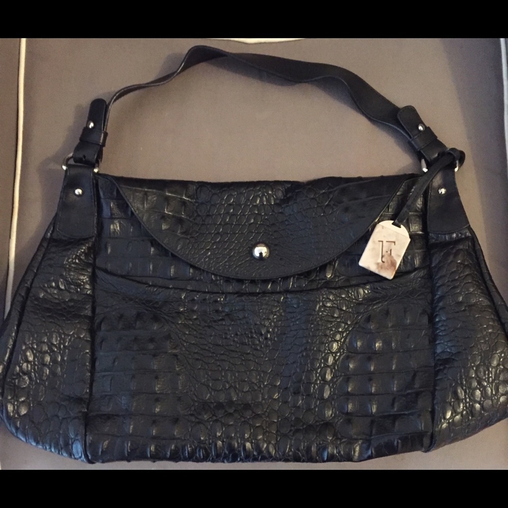 Black croc embossed leather bag